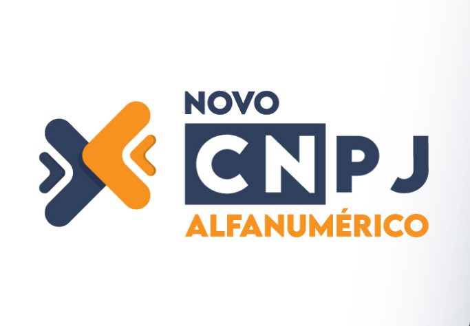 Logotipo com texto “Novo CNPJ Alfanumérico” em azul e laranja estilizado.