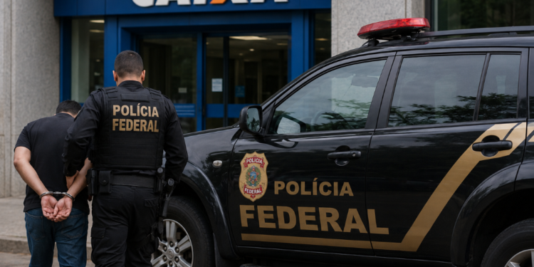 agente da Polícia Federal conduz homem algemado próximo a viatura preta diante de agência da Caixa