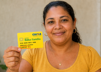 Mulher de pele parda sorridente segura cartão amarelo do Bolsa Família próximo ao rosto