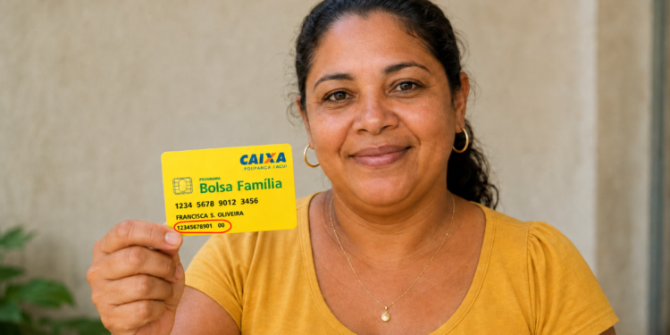 Mulher de pele parda sorridente segura cartão amarelo do Bolsa Família próximo ao rosto
