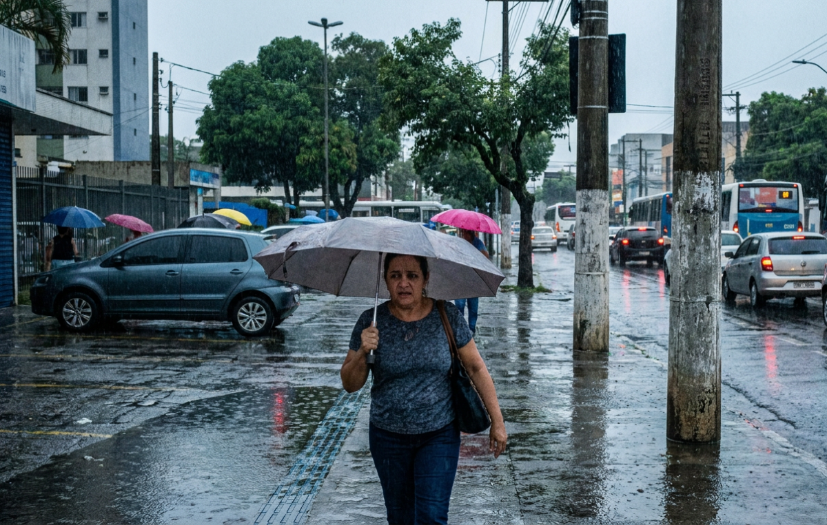 Pedestres enfrentam chuva intensa em avenida movimentada do Brasil.