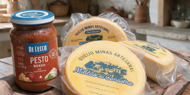 Queijo Minas Artesanal Miltião do Canastra e Pesto Rosso De Cecco em ambiente rústico.