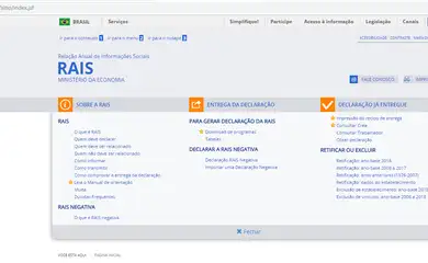 Tela do site RAIS do Ministério da Economia com informações sobre declaração anual