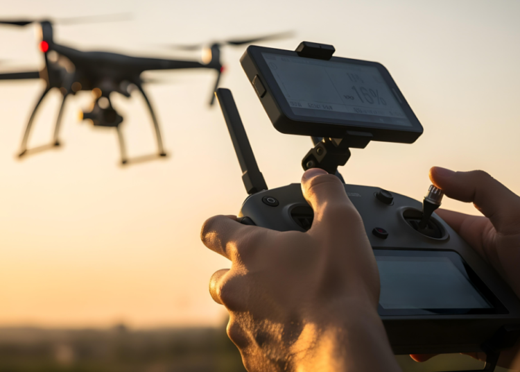 Mãos operando controle remoto de drone com display enquanto drone voa ao fundo ao pôr do sol.