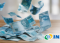 Notas de cem reais caindo com logo do INSS indicam benefício ou pagamento extra