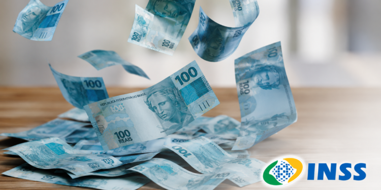 Notas de cem reais caindo com logo do INSS indicam benefício ou pagamento extra