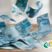Notas de cem reais caindo com logo do INSS indicam benefício ou pagamento extra