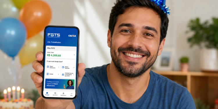 Homem sorrindo de chapéu azul segura celular mostrando saldo do FGTS em app Caixa, balões e bolo ao fundo