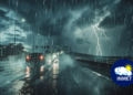 Alerta INMET de tempestade com raios e chuva intensa nas estradas.