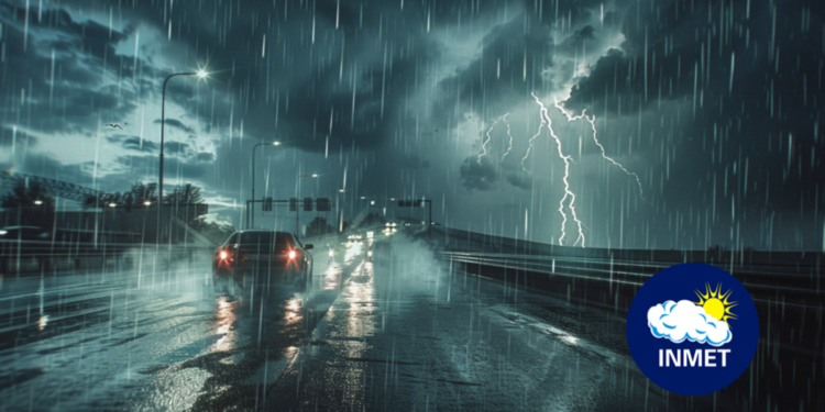 Alerta INMET de tempestade com raios e chuva intensa nas estradas.