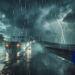 Alerta INMET de tempestade com raios e chuva intensa nas estradas.