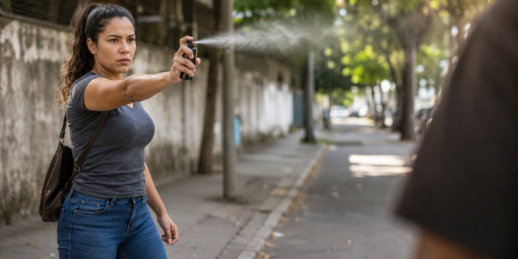 Mulher jovem com expressão séria usa spray de pimenta contra pessoa em rua urbana e arborizada