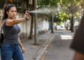 Mulher jovem usa spray de pimenta contra pessoa em rua urbana durante o dia