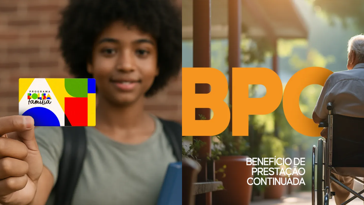 Cartão do Programa Bolsa Família ao lado da marca do BPC com um idoso em cadeira de rodas, representando os beneficiários que moram sozinhos protegidos pelo acordo