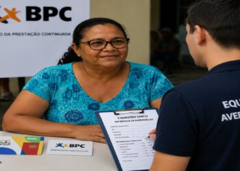 Beneficiária durante entrevista de averiguação do Cadastro Único, com a equipe preenchendo o formulário e os cartões do BPC e do Bolsa Família sobre a mesa
