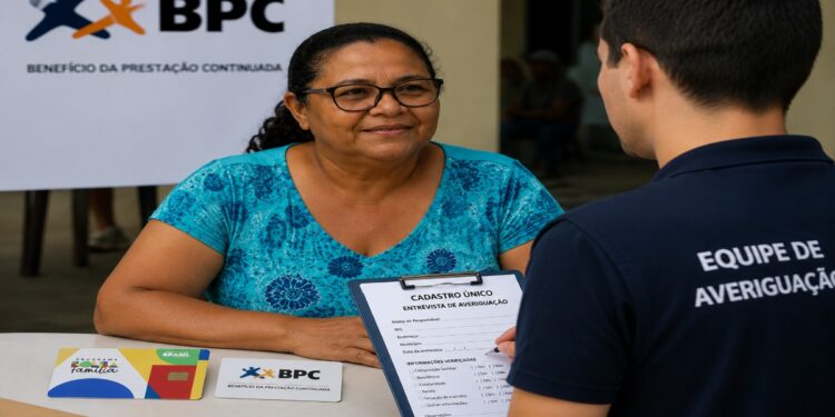Beneficiária durante entrevista de averiguação do Cadastro Único, com a equipe preenchendo o formulário e os cartões do BPC e do Bolsa Família sobre a mesa