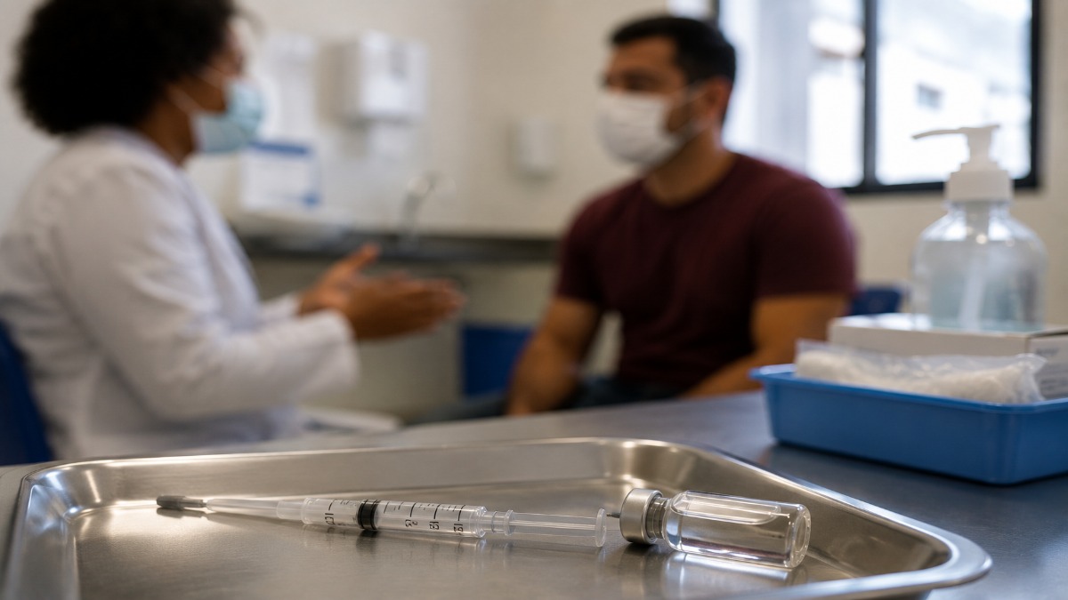 Seringa e frasco de medicamento sobre bandeja em consultório, com profissional de saúde orientando um paciente ao fundo, imagem ilustrativa do acompanhamento necessário para a aplicação da PrEP injetável