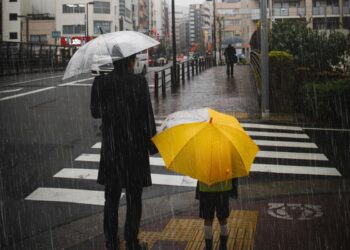 Adulto e criança com guarda-chuvas atravessando uma faixa de pedestres durante chuva forte na cidade