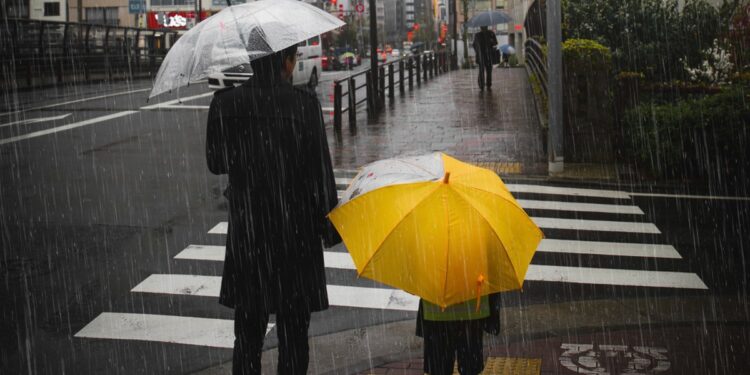 Adulto e criança com guarda-chuvas atravessando uma faixa de pedestres durante chuva forte na cidade