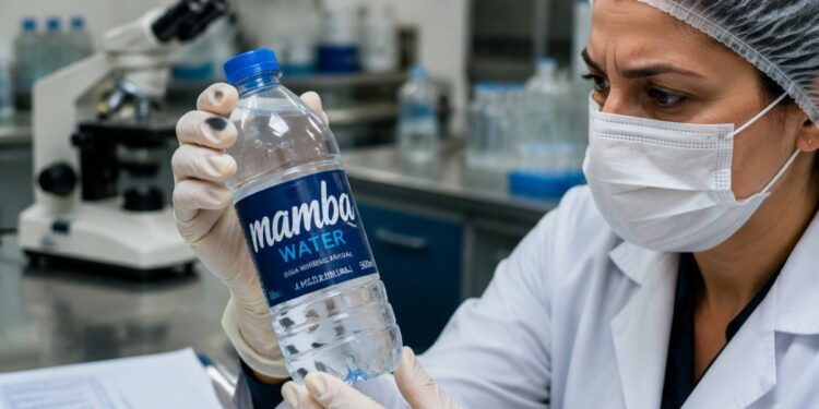 Profissional de laboratório com jaleco, máscara e luvas examina uma garrafa de água mineral Mamba Water, marca que teve lotes recolhidos pela Anvisa após contaminação por bactéria.