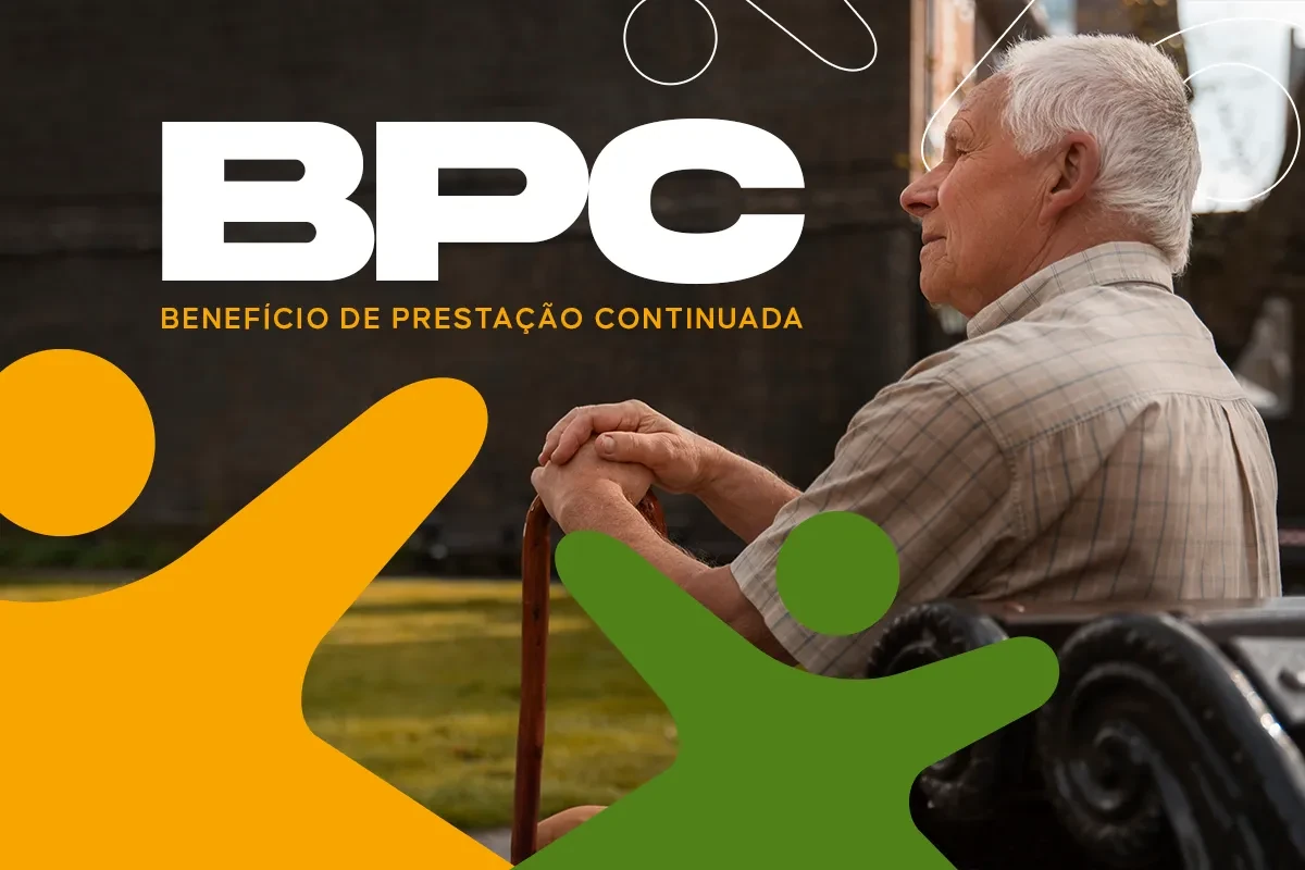 Arte do Benefício de Prestação Continuada com idoso apoiado em bengala sentado em banco de praça