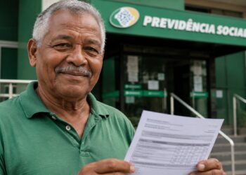Homem idoso segura um documento em frente a uma agência da Previdência Social, ilustrando o calendário de pagamentos do INSS