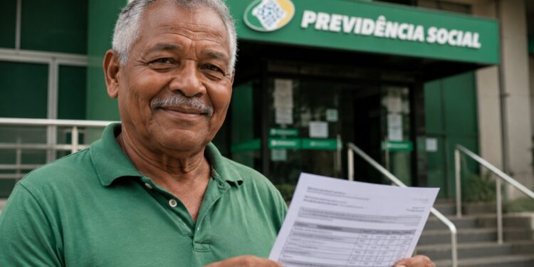 Homem idoso segura um documento em frente a uma agência da Previdência Social, ilustrando o calendário de pagamentos do INSS