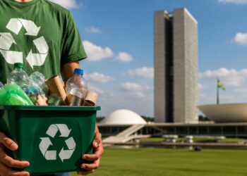 Pessoa segurando uma caixa cheia de materiais recicláveis em frente ao Congresso Nacional, em referência ao projeto que prevê desconto nas contas de luz e água para quem reciclar