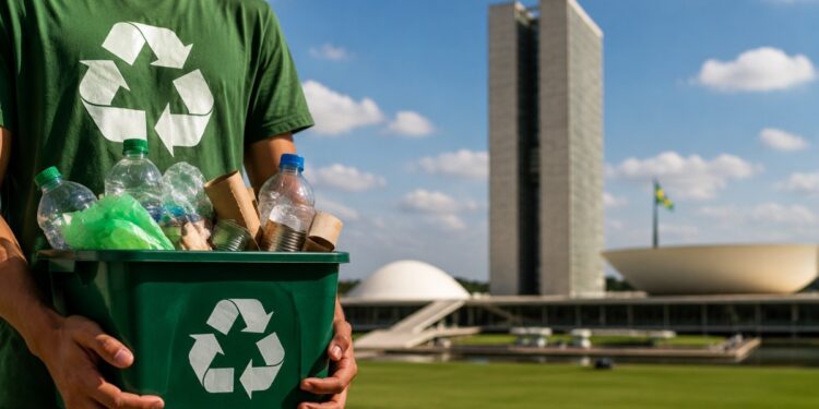 Pessoa segurando uma caixa cheia de materiais recicláveis em frente ao Congresso Nacional, em referência ao projeto que prevê desconto nas contas de luz e água para quem reciclar