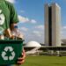 Pessoa segurando uma caixa cheia de materiais recicláveis em frente ao Congresso Nacional, em referência ao projeto que prevê desconto nas contas de luz e água para quem reciclar