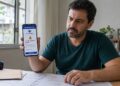 Homem preocupado segura celular com aviso do app Meu Imposto de Renda informando que o Pix não está vinculado ao CPF