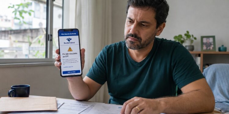 Homem preocupado segura celular com aviso do app Meu Imposto de Renda informando que o Pix não está vinculado ao CPF