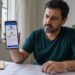 Homem preocupado segura celular com aviso do app Meu Imposto de Renda informando que o Pix não está vinculado ao CPF