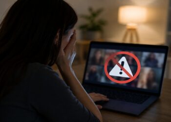 Imagem ilustrativa de mulher diante de um notebook com imagens borradas e sinal de proibição na tela, representando a retirada de conteúdo íntimo divulgado sem autorização.