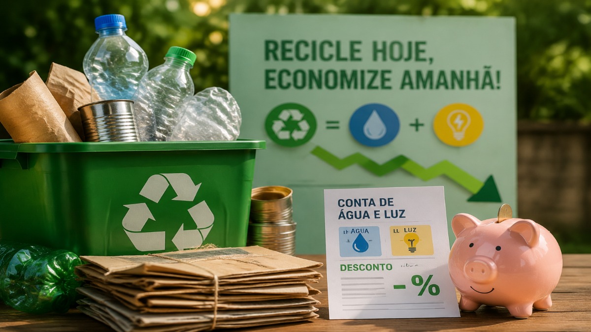aixa de recicláveis ao lado de um cofrinho e de uma fatura de água e luz com desconto, ilustrando o programa que troca reciclagem por abatimento nas contas