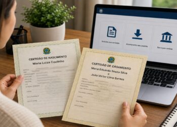 Mulher confere uma certidão de nascimento e uma de casamento impressas diante do notebook aberto no portal de solicitação, imagem ilustrativa do pedido da segunda via pela internet