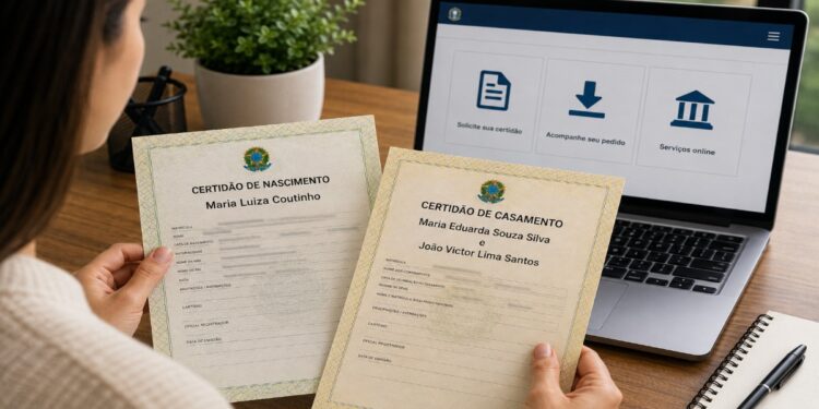Mulher confere uma certidão de nascimento e uma de casamento impressas diante do notebook aberto no portal de solicitação, imagem ilustrativa do pedido da segunda via pela internet