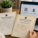 Mulher confere uma certidão de nascimento e uma de casamento impressas diante do notebook aberto no portal de solicitação, imagem ilustrativa do pedido da segunda via pela internet
