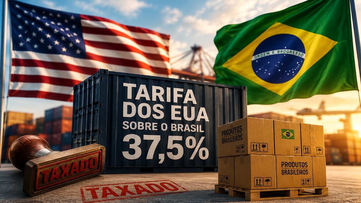 Imagem ilustrativa com bandeiras dos Estados Unidos e do Brasil em porto de contêineres e caixas de produtos brasileiros carimbadas como taxadas, representando a nova tarifa que eleva a cobrança a 37,5%