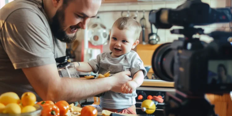 Pai grava vídeo com filho pequeno em ambiente doméstico para publicação na internet.