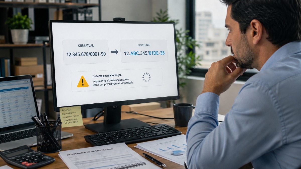 23 a 27 de maio: sistemas do CNPJ terão limitações e indisponibilidade para nova padronização 2 Imagem ilustrativa de profissional diante do computador com aviso de sistema em manutenção na tela, ao lado da comparação entre o CNPJ atual, 12.345.678/0001-90, e o novo formato alfanumérico, 12.ABC.345/01DE-35