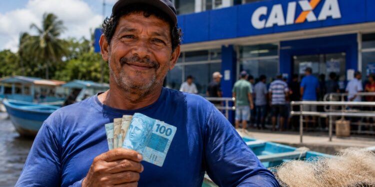 Pescador com notas de R$ 100 em frente a uma agência da Caixa, representando o pagamento do seguro-defeso previsto para esta terça