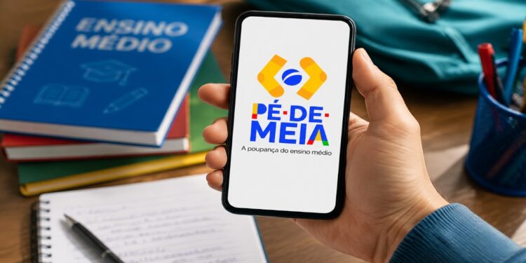 Celular com a marca do Pé-de-Meia nas mãos de um estudante, cuja conta depende da liberação feita pelo responsável legal na agência da Caixa