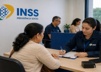 Imagem ilustrativa de atendimento em agência do INSS, com servidora preenchendo formulário para uma segurada, representando o mutirão de perícias e avaliações sociais.