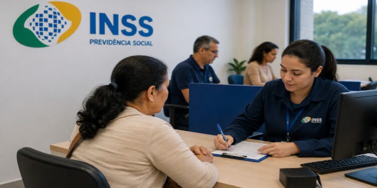 Imagem ilustrativa de atendimento em agência do INSS, com servidora preenchendo formulário para uma segurada, representando o mutirão de perícias e avaliações sociais.