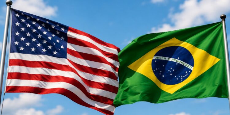 Imagem ilustrativa das bandeiras dos Estados Unidos e do Brasil lado a lado, representando o impasse comercial gerado pela nova sobretaxa sobre as exportações brasileiras