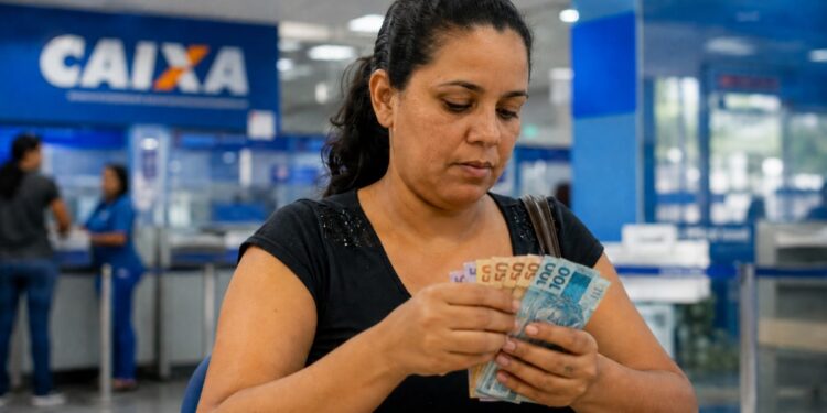 Beneficiária conta cédulas de real em agência da Caixa após o pagamento antecipado do Bolsa Família de julho de 2026 em cidades de seis estados