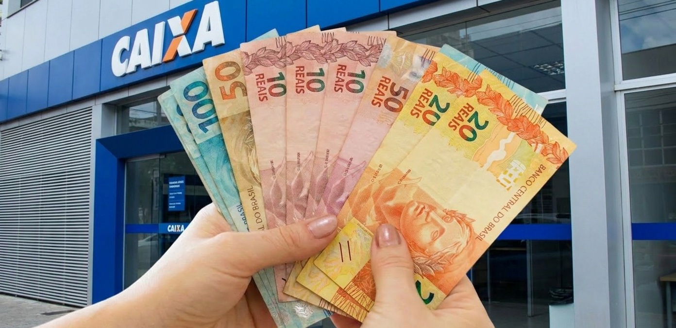 Mãos exibem cédulas de real em leque diante de uma agência da Caixa Econômica Federal