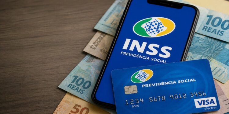 Imagem ilustrativa de celular com a logomarca do INSS na tela, apoiado sobre cédulas de 100 e 50 reais, ao lado de um cartão de benefício da Previdência Social em mesa de madeira, representando o pagamento referente a julho de 2026