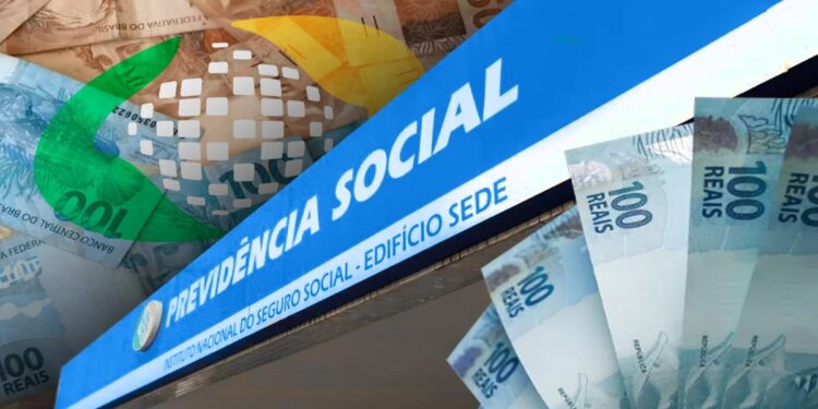 Imagem ilustrativa com a placa da Previdência Social e notas de real, representando o pagamento dos benefícios do INSS referentes a julho de 2026